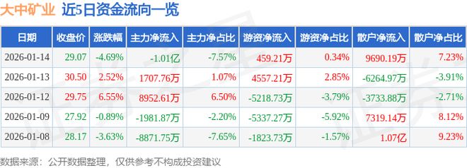 大中矿业（001203）1月14日主力资金净卖出101亿元